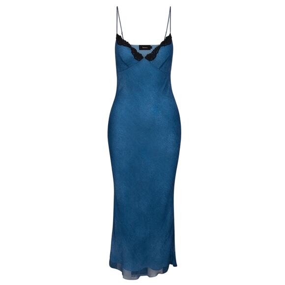 NWT Realisation Par Karlie Silk Lace Slip Bias Midi Dress Black Blue Denim